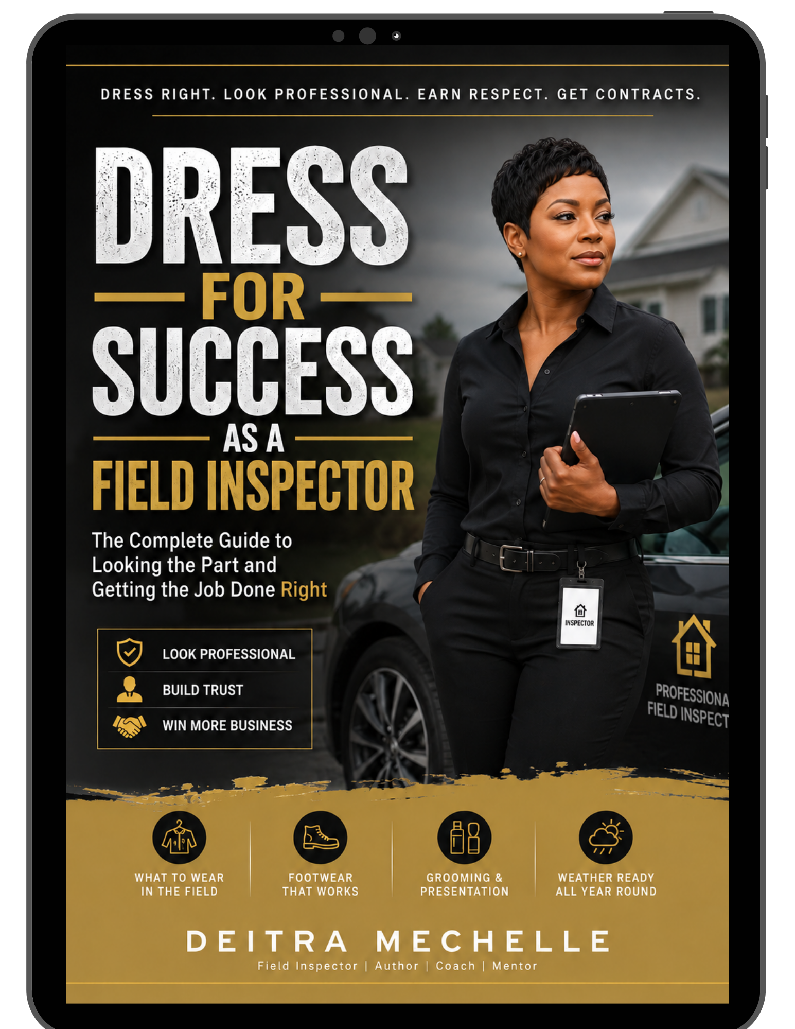 Professional ebook cover for Dress for Success as a Field Inspector featuring a confident Black woman field inspector.