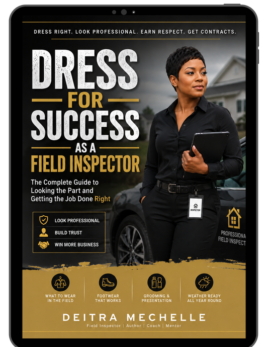 Professional ebook cover for Dress for Success as a Field Inspector featuring a confident Black woman field inspector.