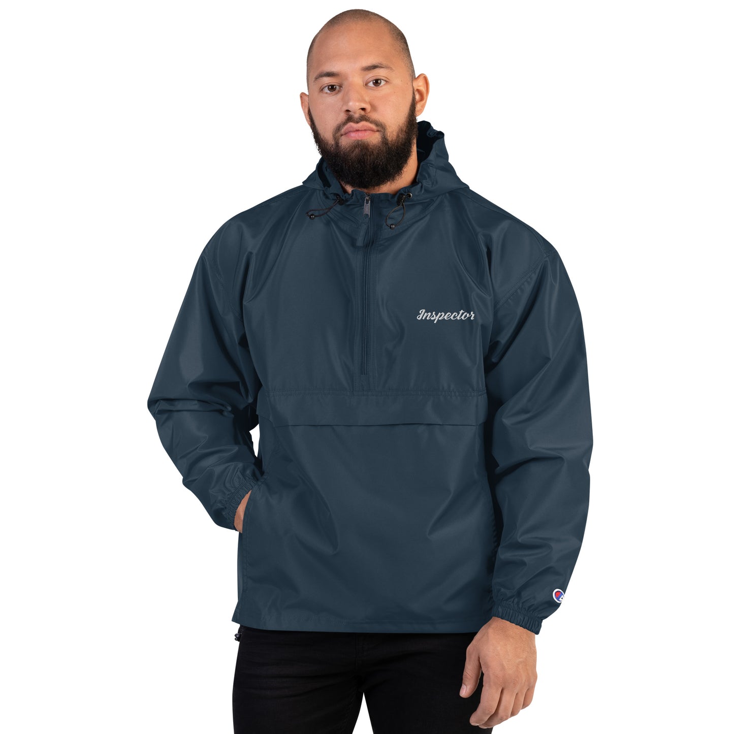Navy Champion packable pullover jacket with embroidered Field Inspection logo