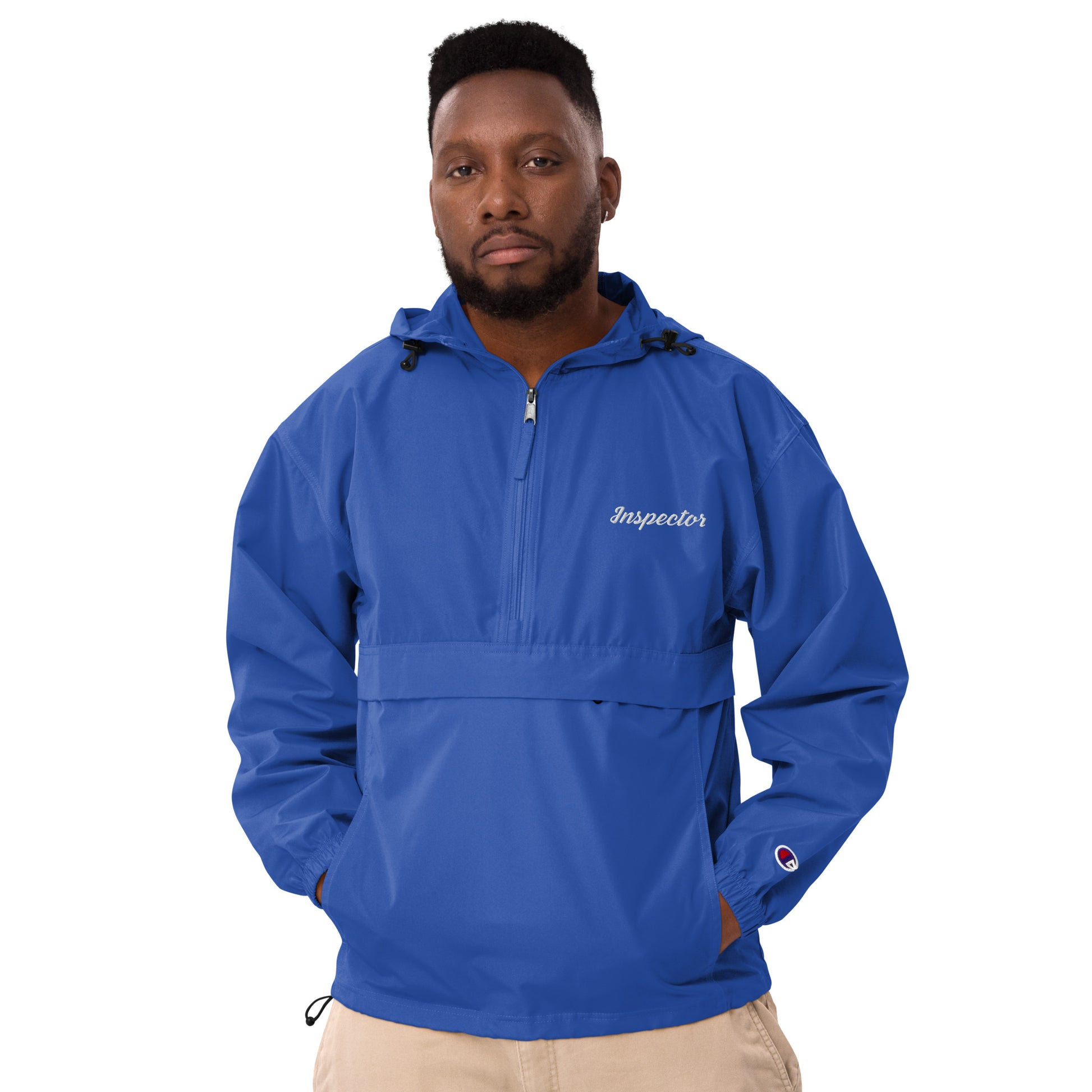 Royal blue Champion packable pullover jacket with embroidered Field Inspection logo