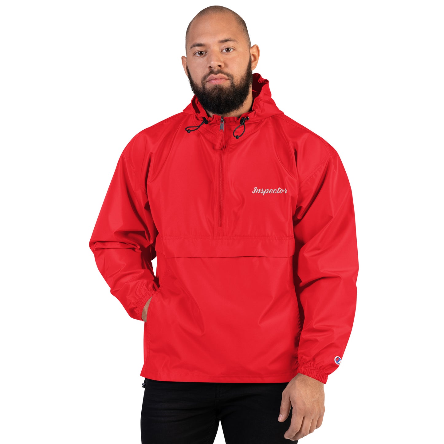 Scarlet Champion packable pullover jacket with embroidered Field Inspection logo
