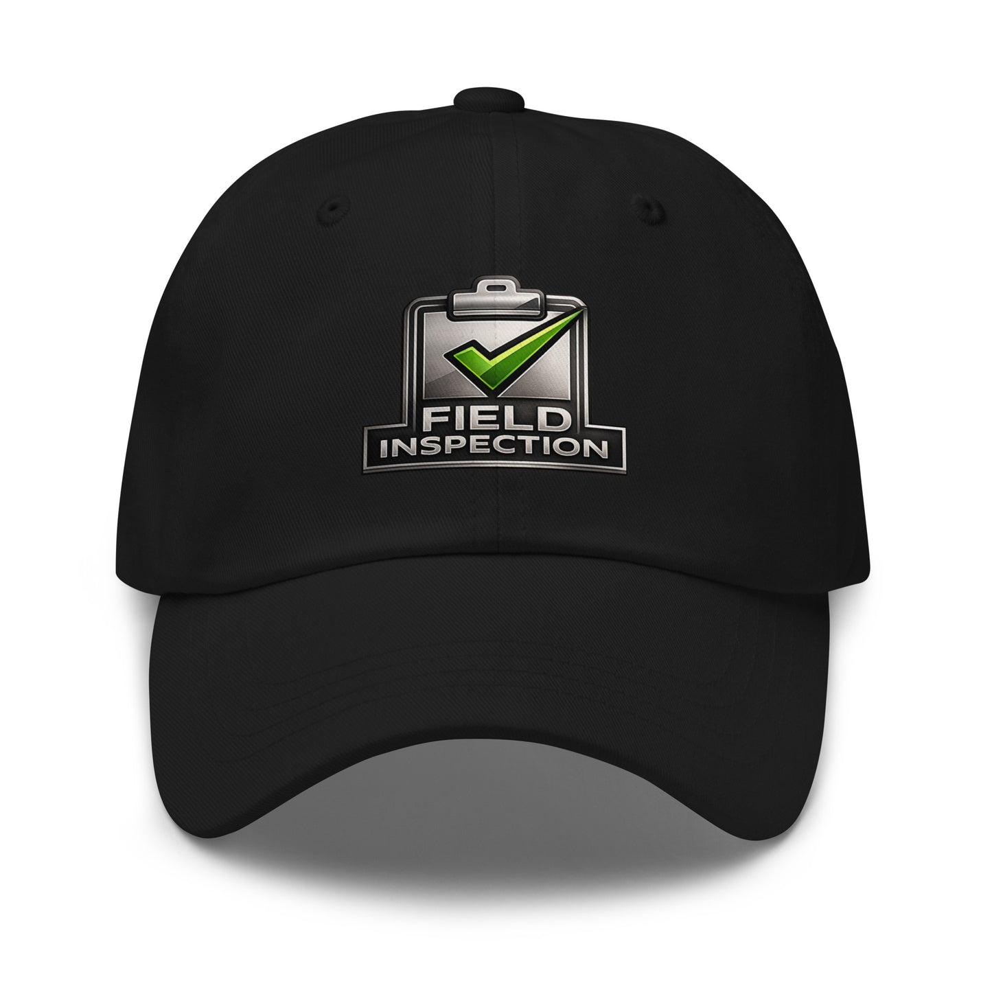 Black Field Inspection Work dad hat featuring green check embroidery on the front