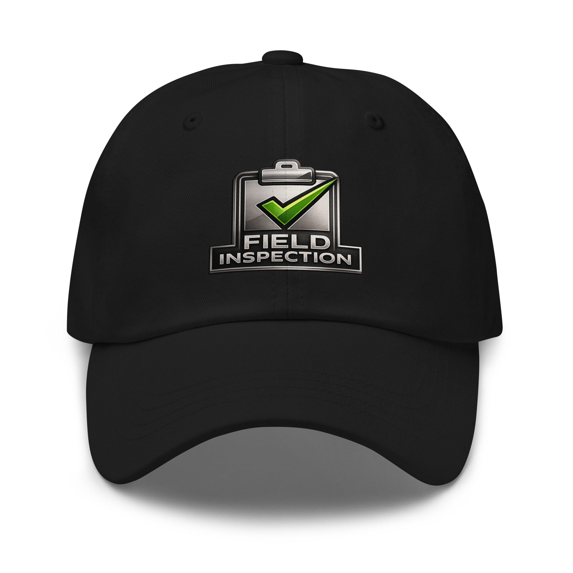 Black Field Inspection Work dad hat featuring green check embroidery on the front