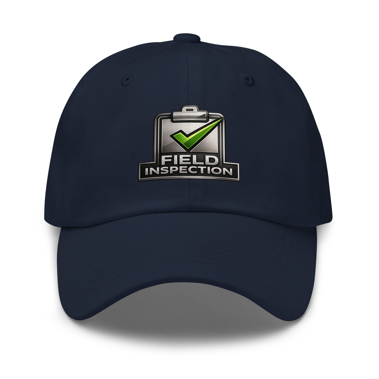 Navy Field Inspection Work dad hat featuring green check embroidery on the front