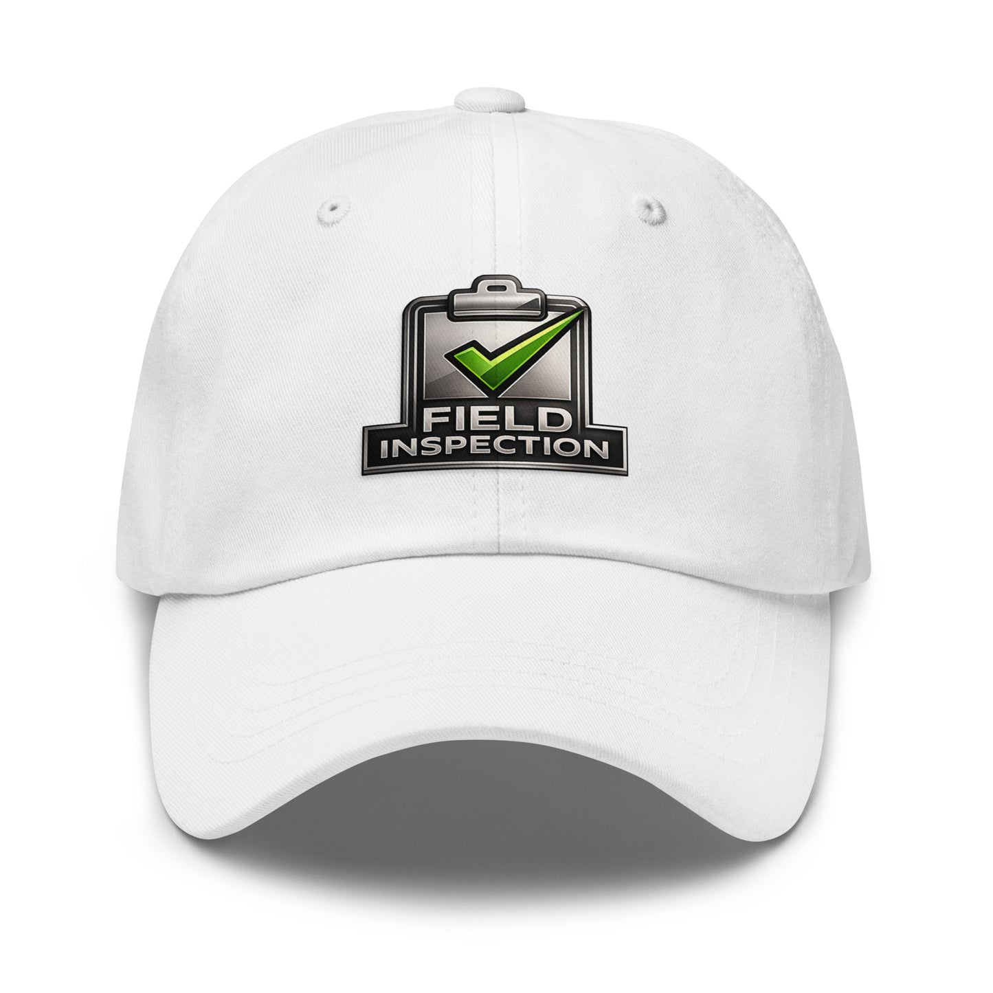White Field Inspection Work dad hat featuring green check embroidery on the front