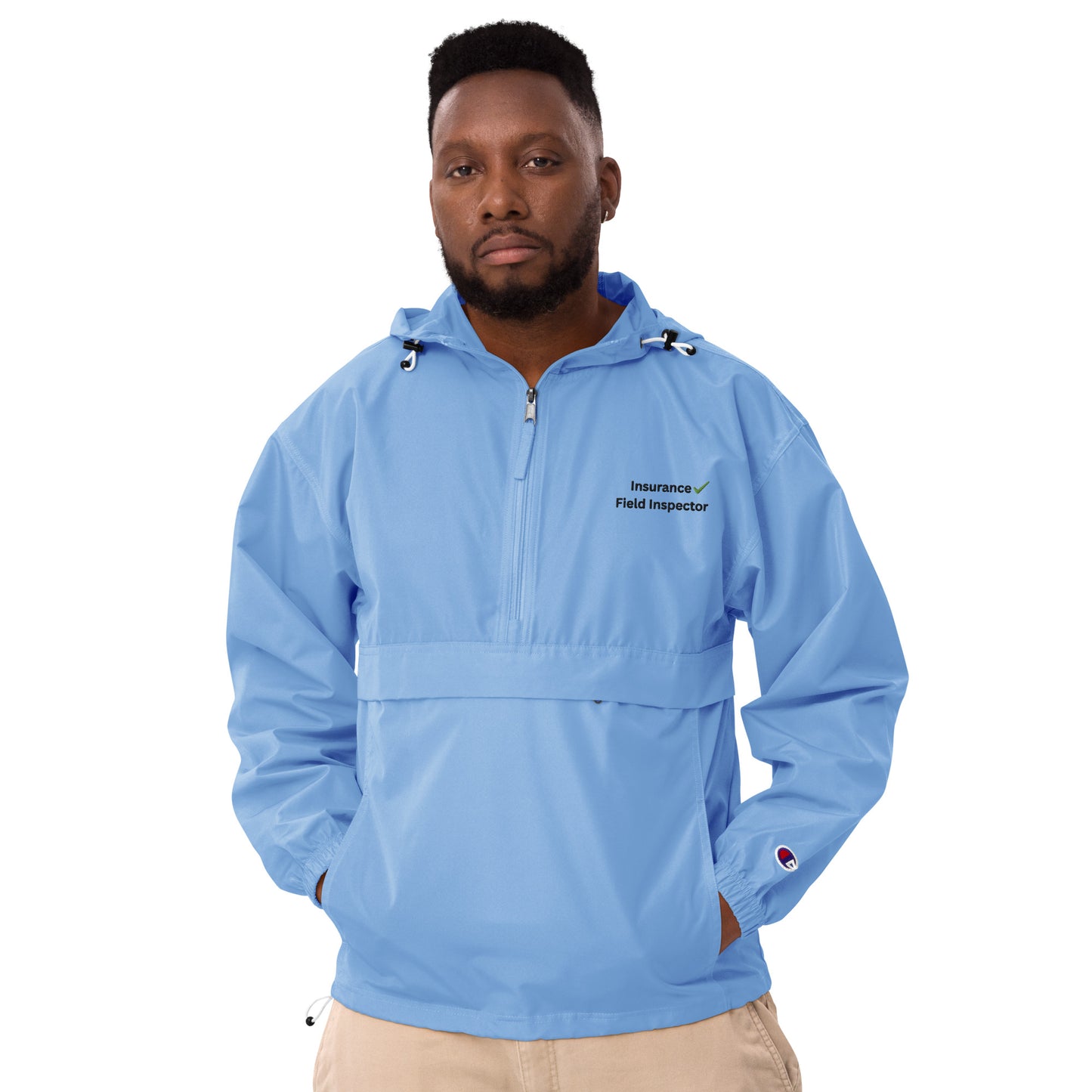 Light blue Champion packable windbreaker jacket for field inspectors with embroidered design
