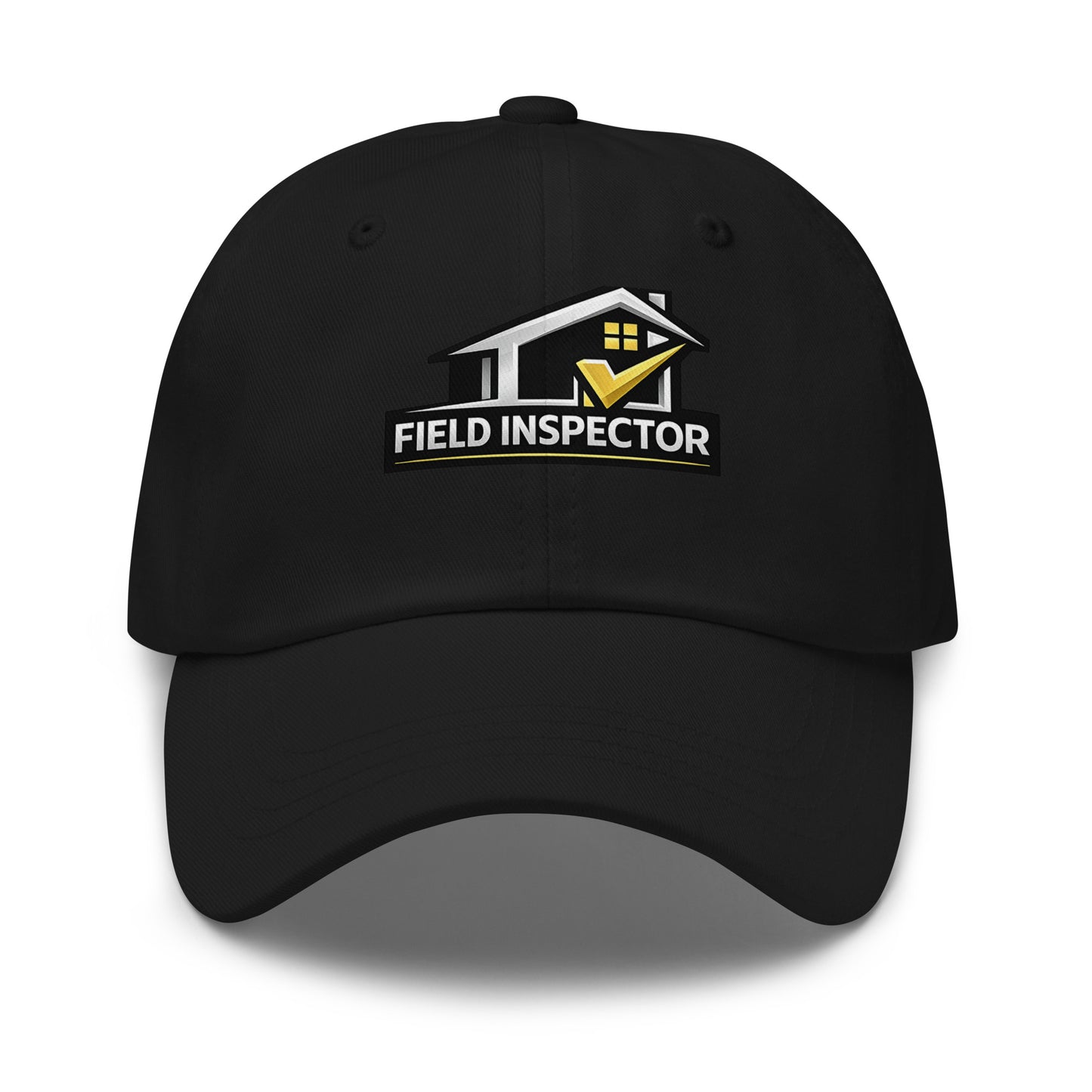 Black Field Inspector Checkmark dad hat featuring a gold check mark design on the front