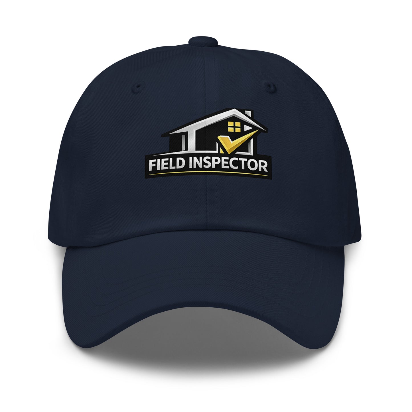 Navy Field Inspector Checkmark dad hat featuring a gold check mark design on the front