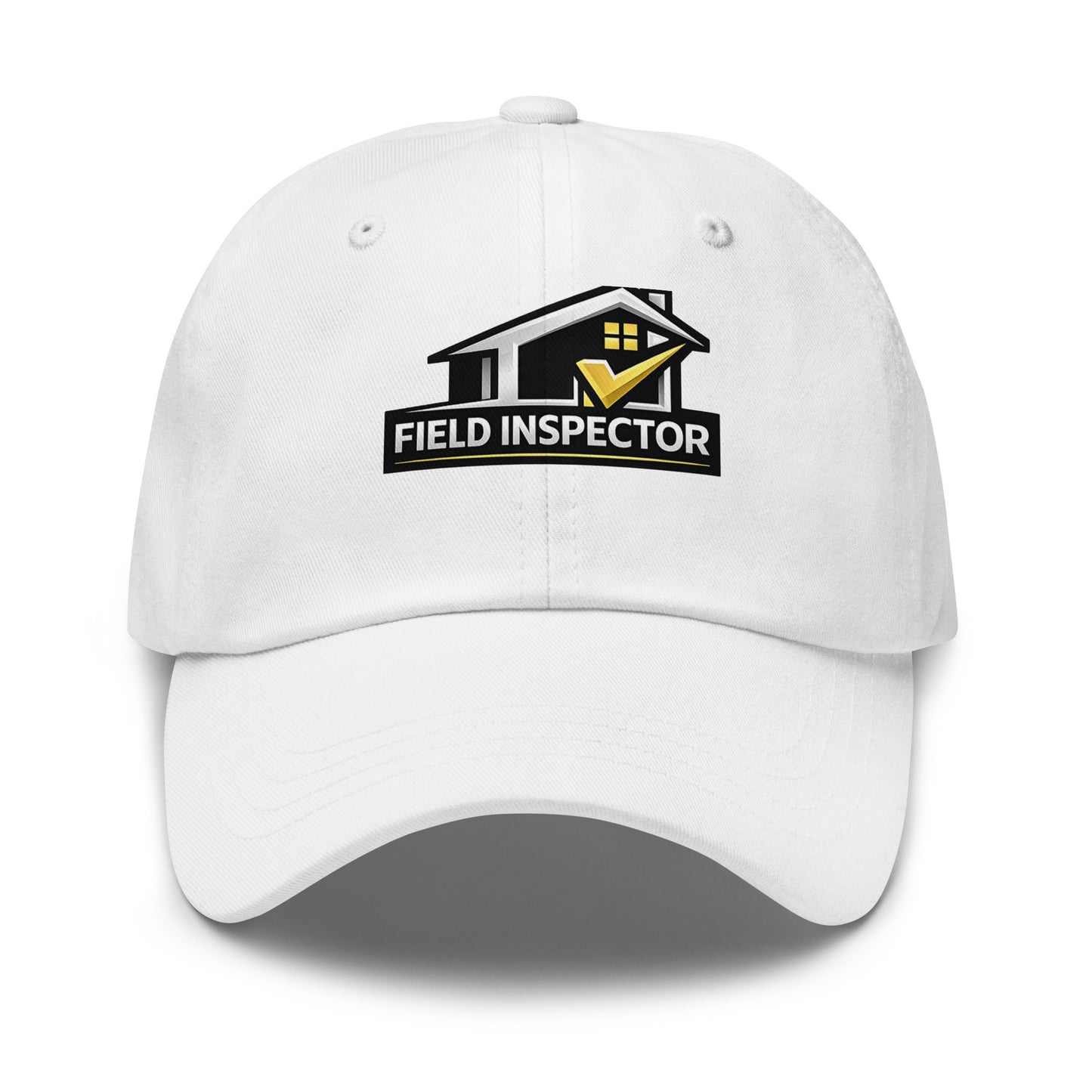 White Field Inspector Checkmark dad hat featuring a gold check mark design on the front