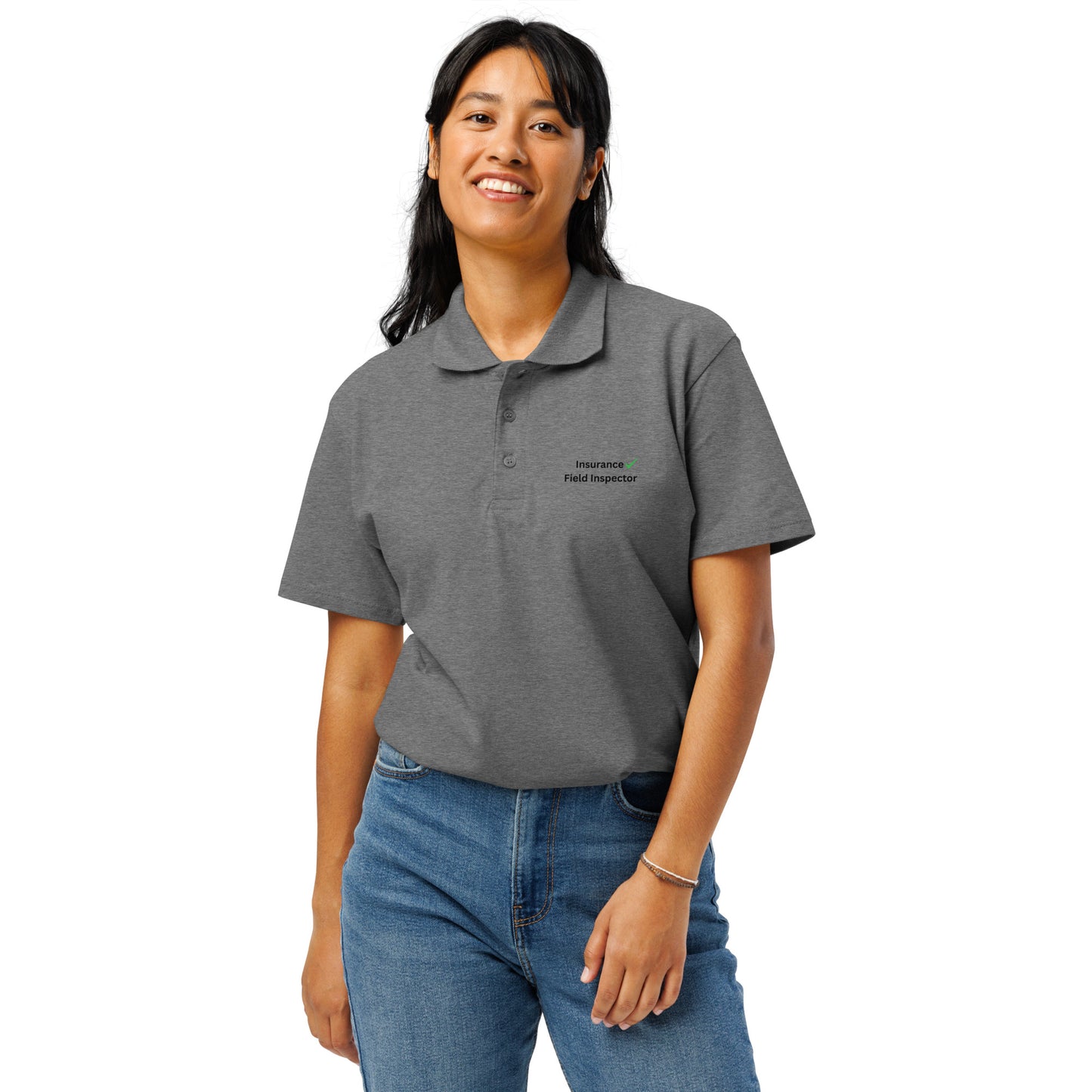 Grey melange field inspector polo shirt designed for professional insurance and property inspections.