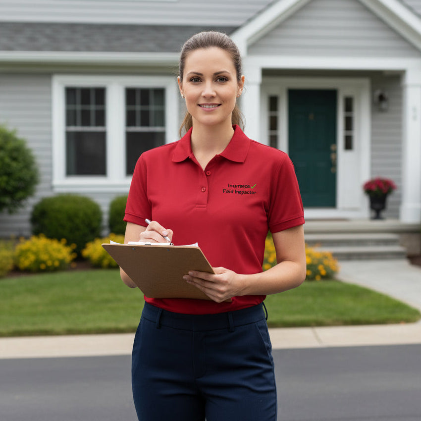 Red field inspector polo shirt with professional inspection apparel design for insurance and property inspectors.