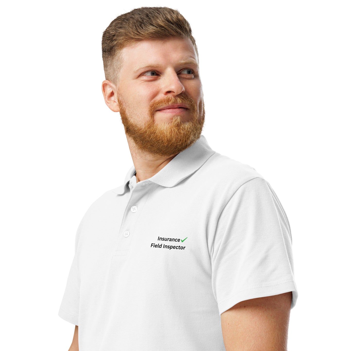 White field inspector polo shirt designed for insurance field inspectors and professional property inspections.