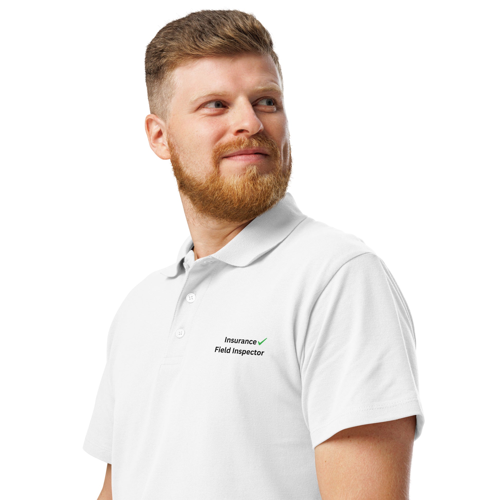 White field inspector polo shirt designed for insurance field inspectors and professional property inspections.