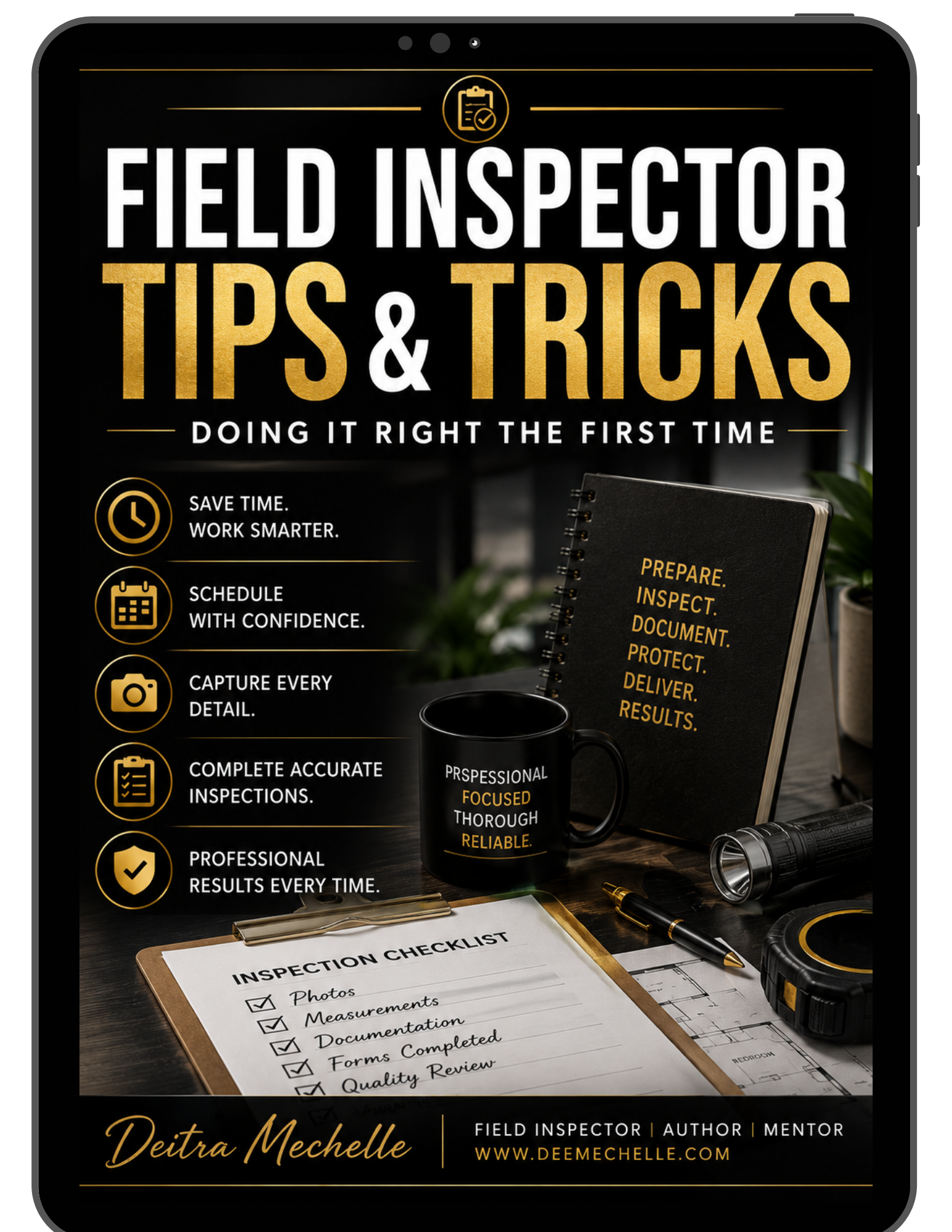 Book cover of Field Inspector Tips & Tricks: Doing It Right the First Time by Deitra Mechelle featuring practical strategies for field inspectors to improve efficiency and accuracy