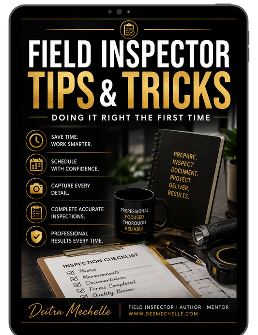 Book cover of Field Inspector Tips & Tricks: Doing It Right the First Time by Deitra Mechelle featuring practical strategies for field inspectors to improve efficiency and accuracy