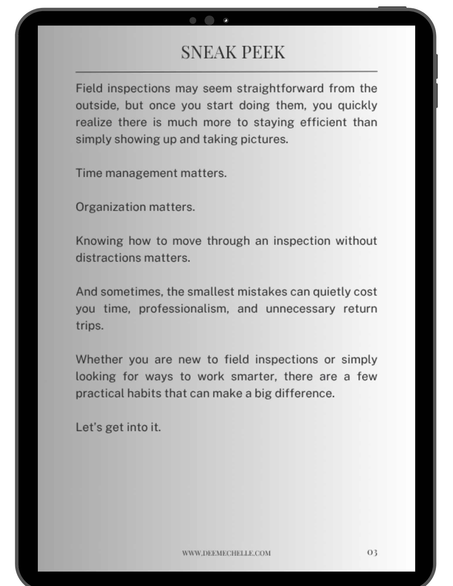 Sneak peek page for Field Inspector Tips & Tricks by Deitra Mechelle introducing practical field inspection strategies for efficiency, organization, and avoiding mistakes