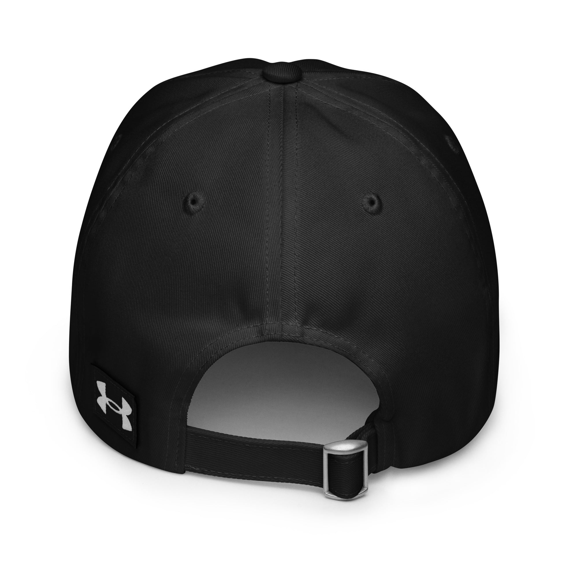Back view of black Under Armour Field Inspector dad hat with adjustable strap