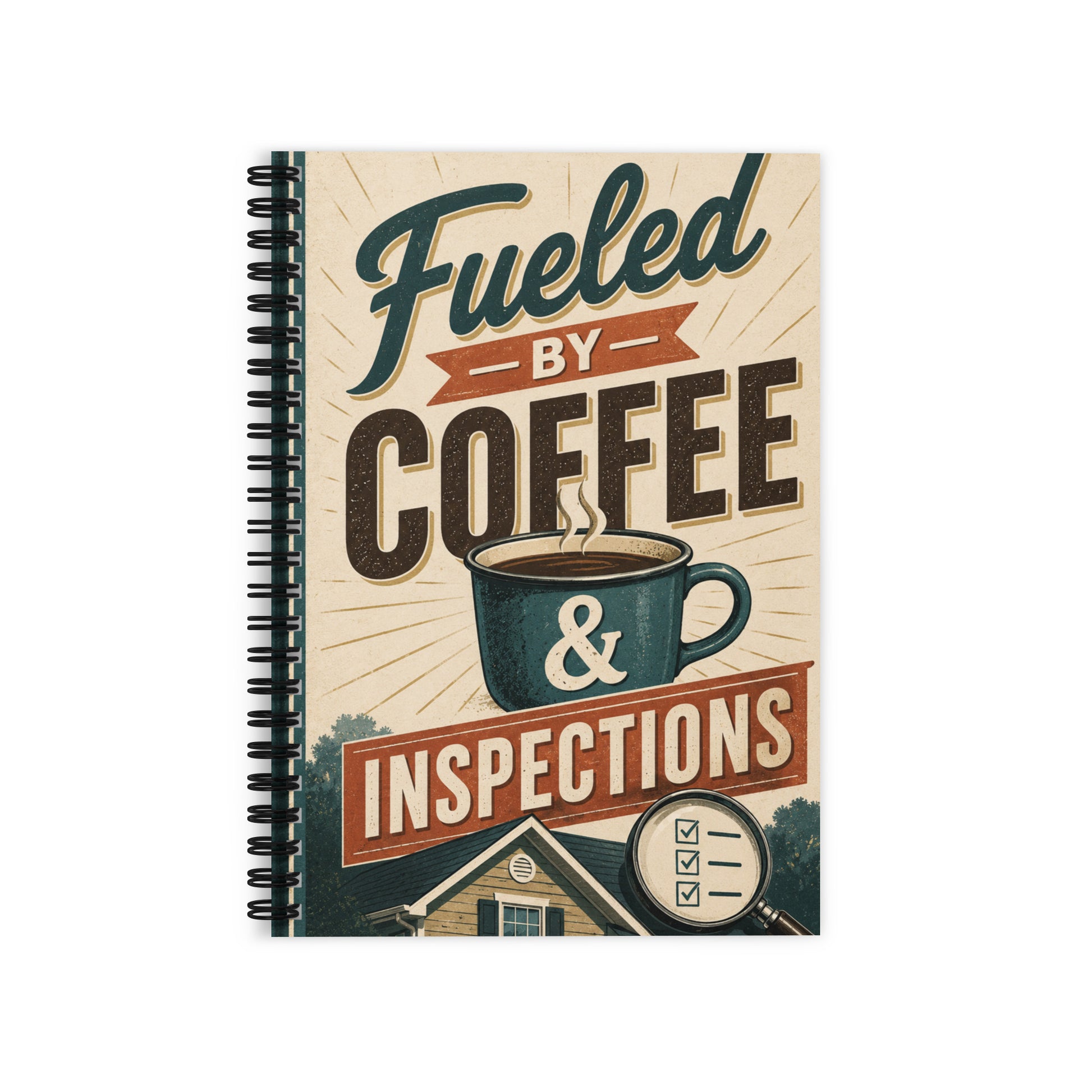 Fueled by Coffee & Inspections spiral notebook for field inspectors featuring a funny inspector-themed design for notes, planning, and everyday use.