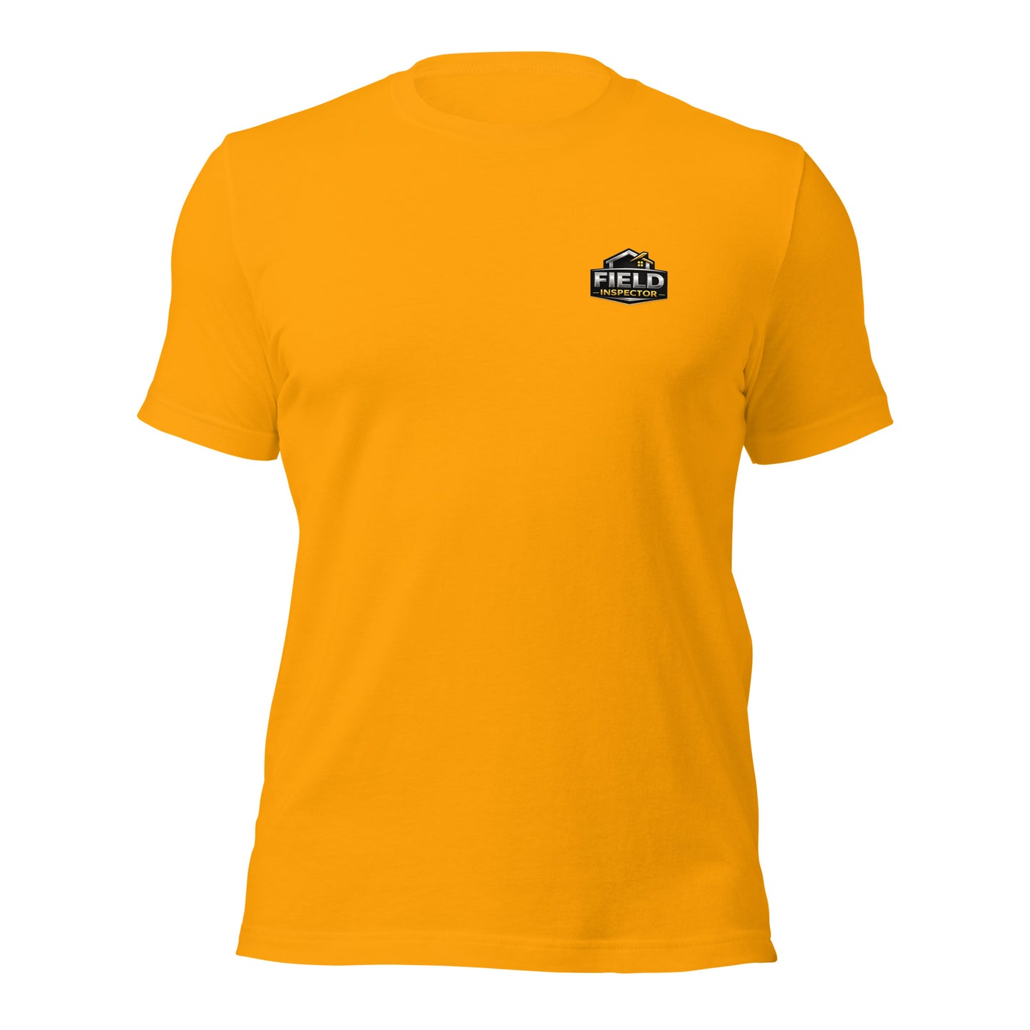 Gold Unisex Professional Field Inspector Tee Bella + Canvas 3001 shirt laying flat with professional inspector logo.