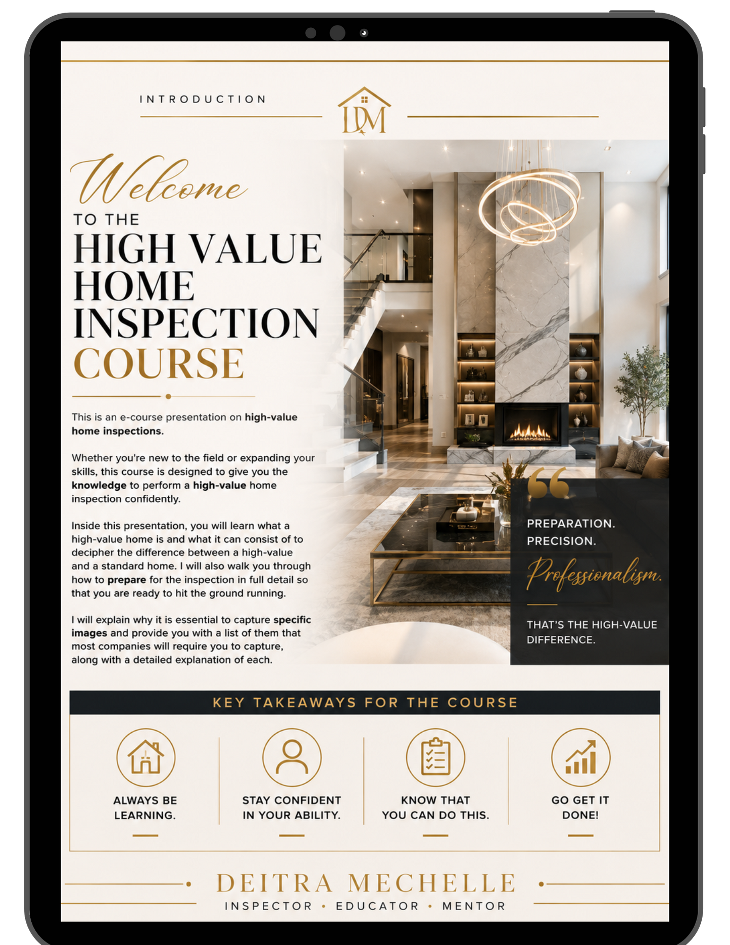 Welcome page for High Value Home Inspection Course teaching field inspectors how to inspect high-value homes.