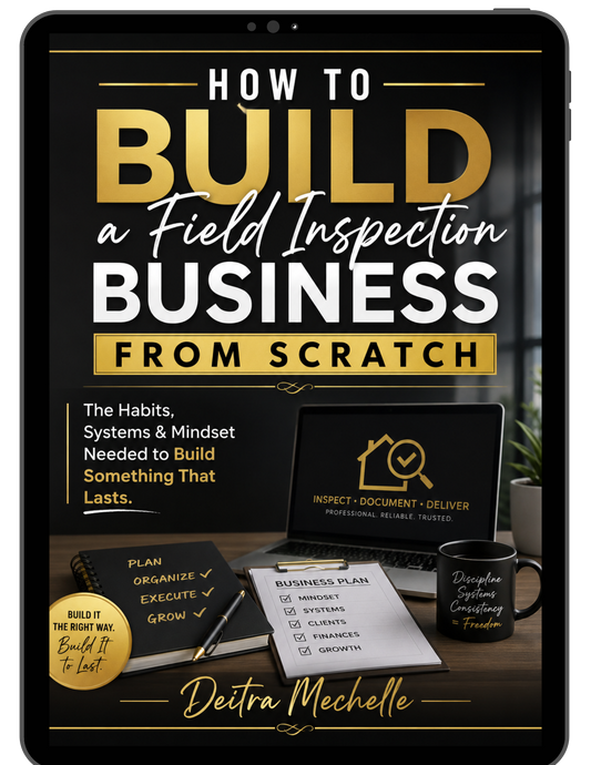 Book cover of How to Build a Field Inspection Business From Scratch by Deitra Mechelle focused on building a successful field inspection business