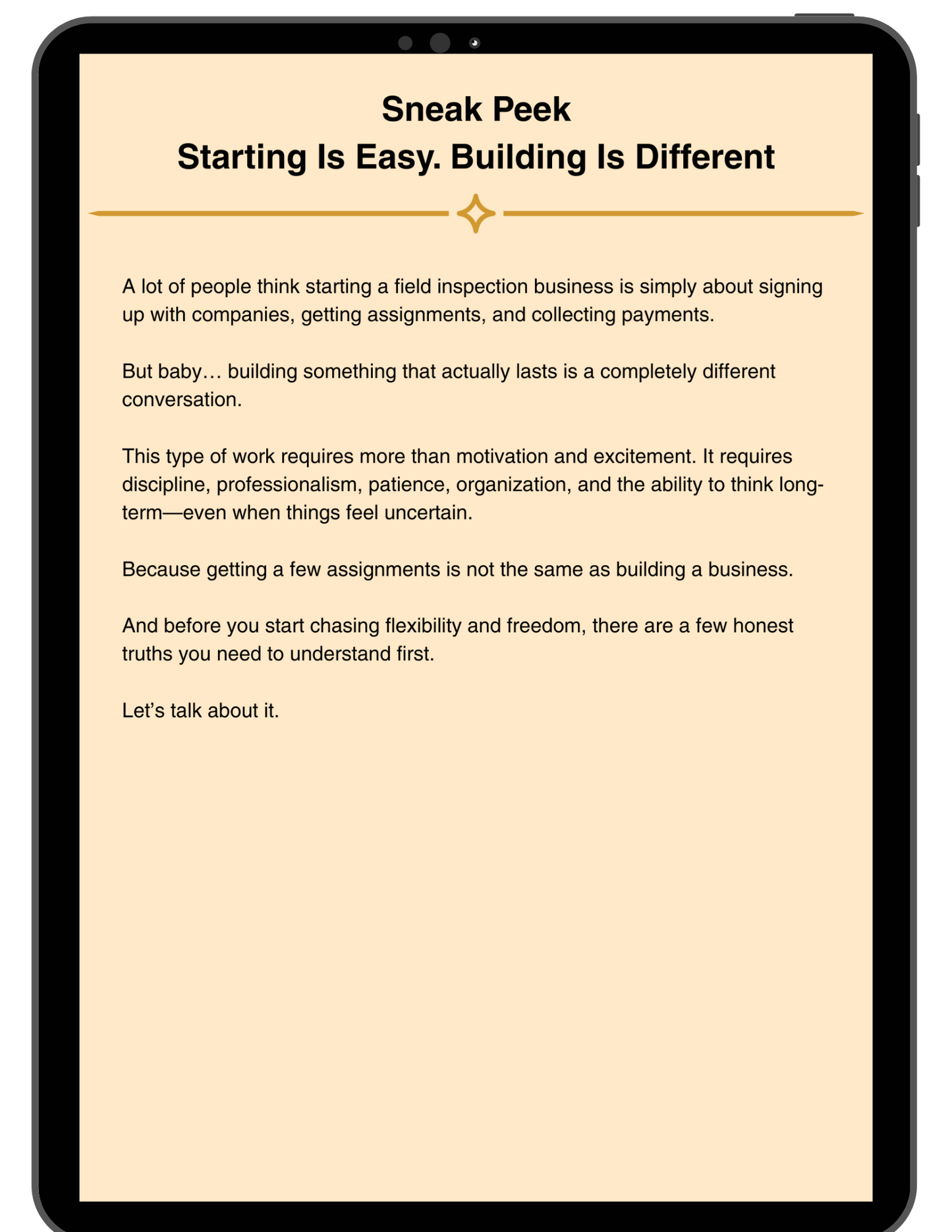 Sneak peek page for How to Build a Field Inspection Business From Scratch by Deitra Mechelle introducing business mindset and long-term success strategies