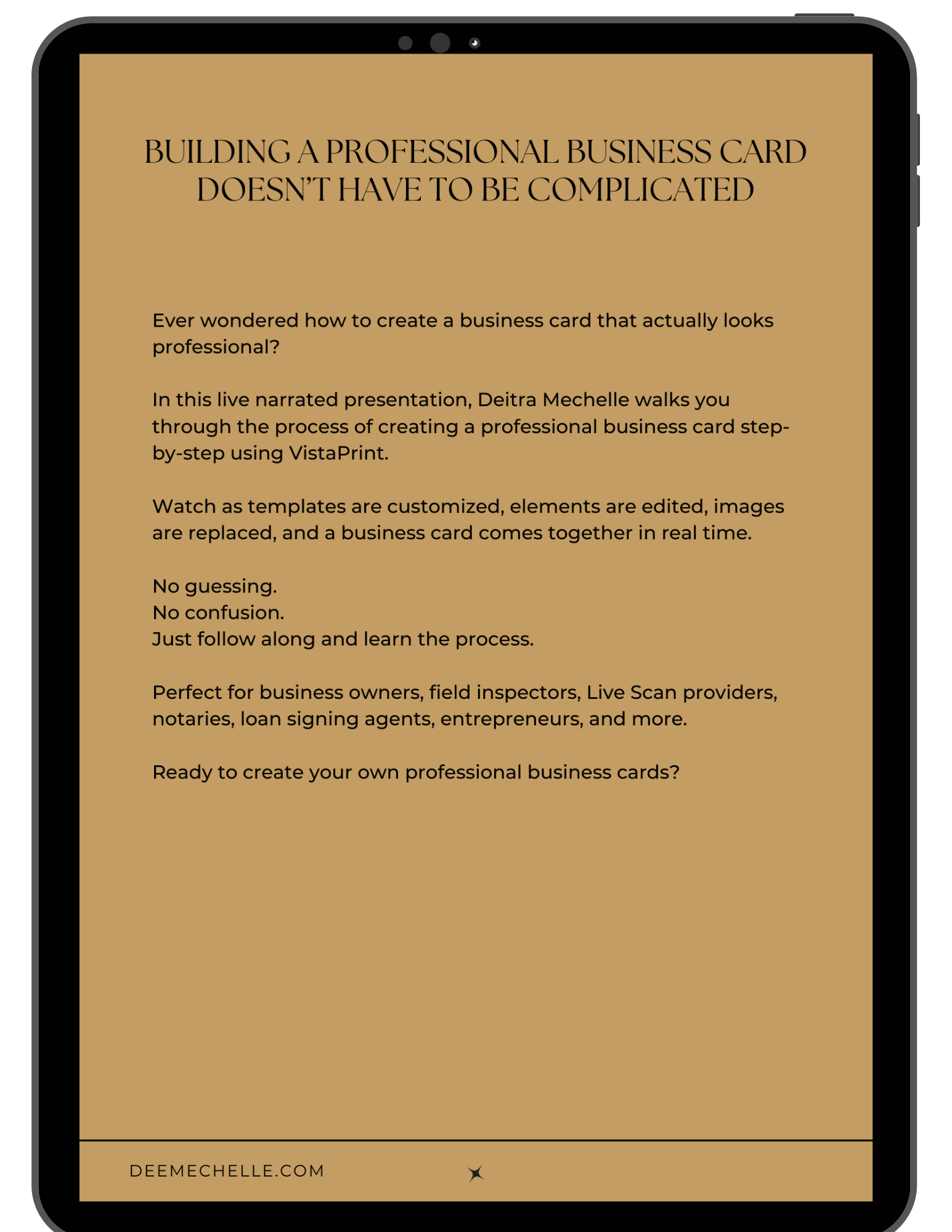 Sneak peek page for business card video presentation by Deitra Mechelle showing a VistaPrint design walkthrough.