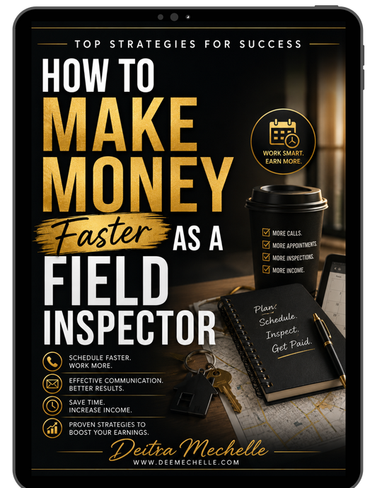 Book cover of How to Make Money Faster as a Field Inspector by Deitra Mechelle focused on faster scheduling, workflow efficiency, and increasing income in field inspections
