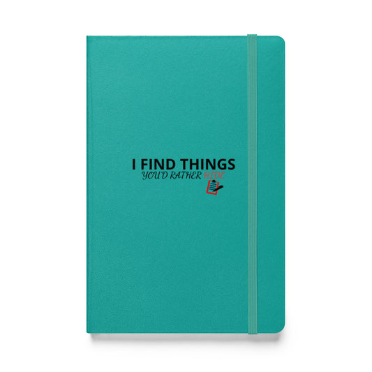 Turquoise “I Find Things You’d Rather Hide” Field Inspector lined notebook standing upright showing the front cover.