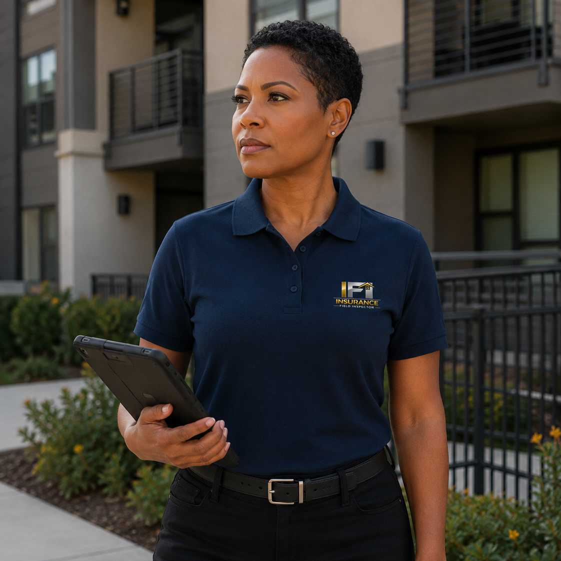 Insurance field inspector wearing the IFI Insurance Field Inspector Unisex Pique Polo Shirt during a commercial property inspection, featuring a premium DTFLEX printed logo.