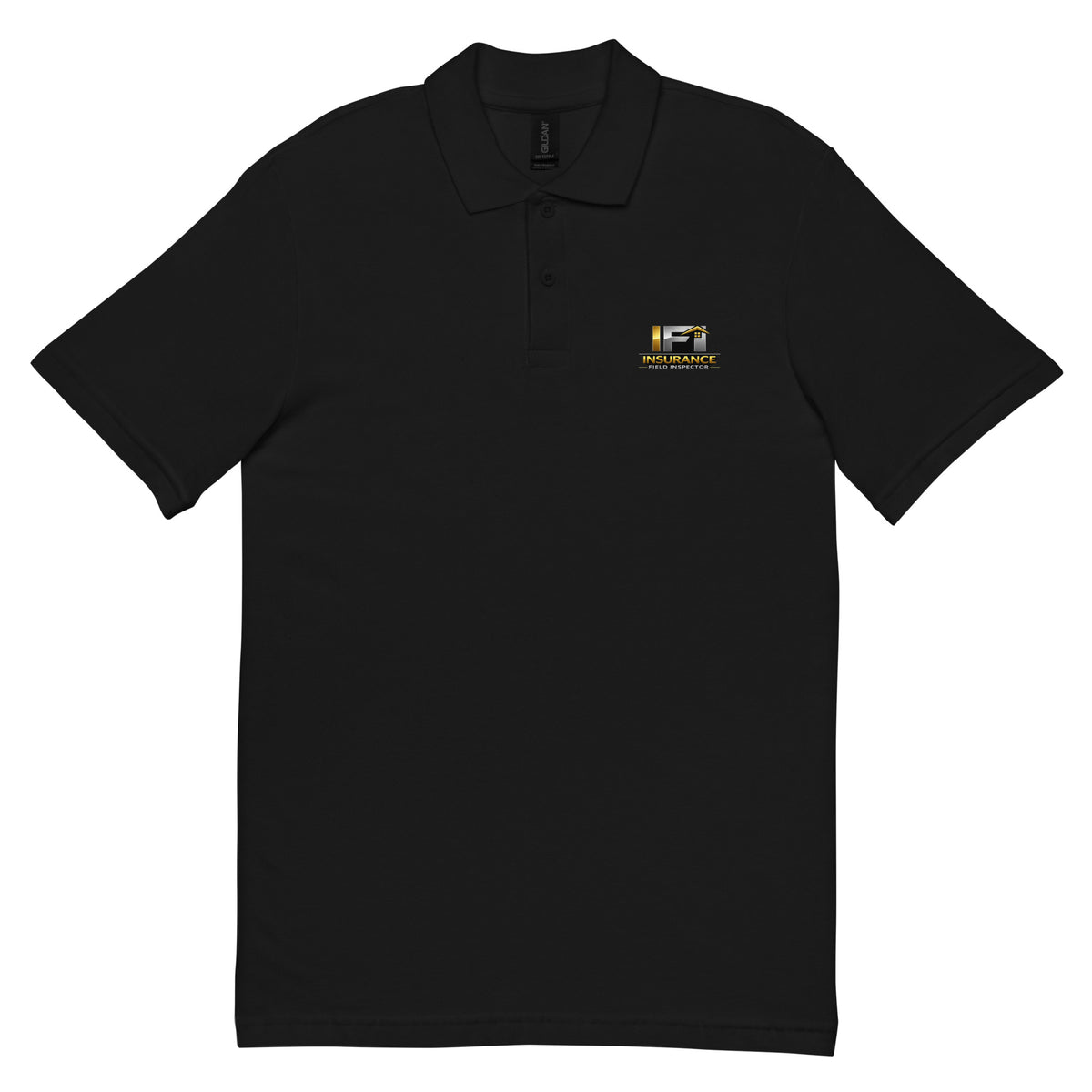 Front view of the black IFI Insurance Field Inspector Unisex Pique Polo Shirt featuring a premium DTFLEX printed IFI Insurance Field Inspector logo.