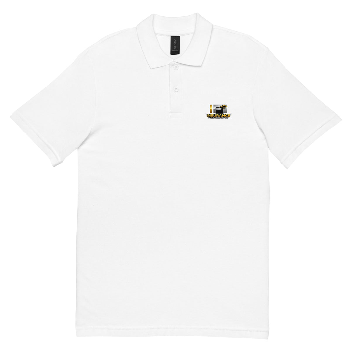 Front view of the white IFI Insurance Field Inspector Unisex Pique Polo Shirt featuring a premium DTFLEX printed IFI Insurance Field Inspector logo.