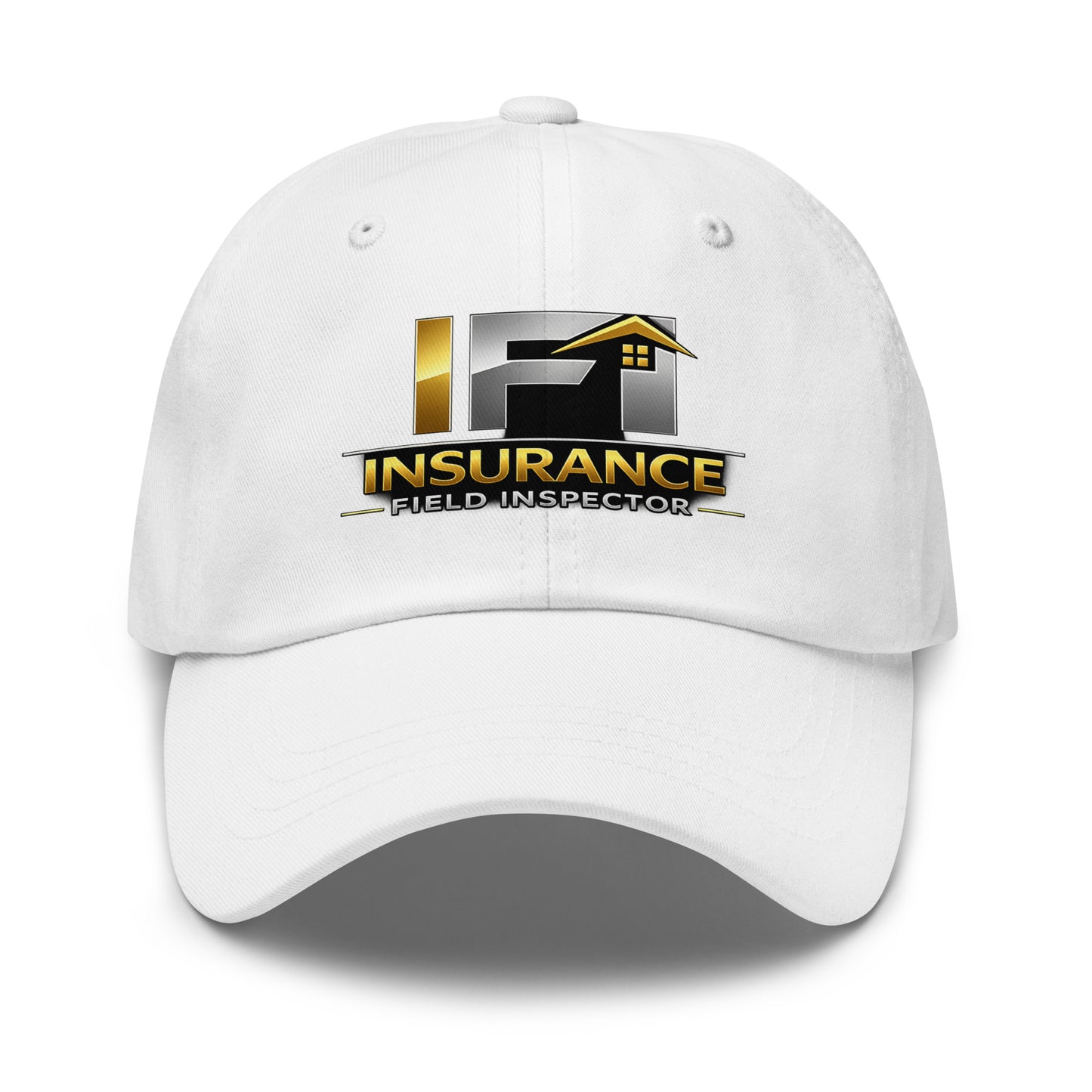 White IFI Insurance Field Inspector dad hat front view with embroidered inspection logo