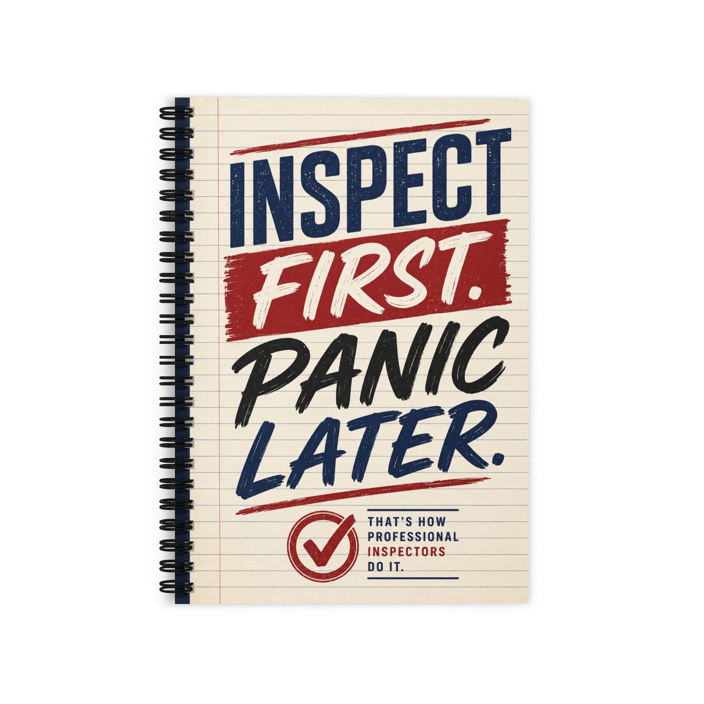 Inspect First Panic Later field inspector spiral notebook with funny inspection-themed design for insurance field inspectors and contractors.