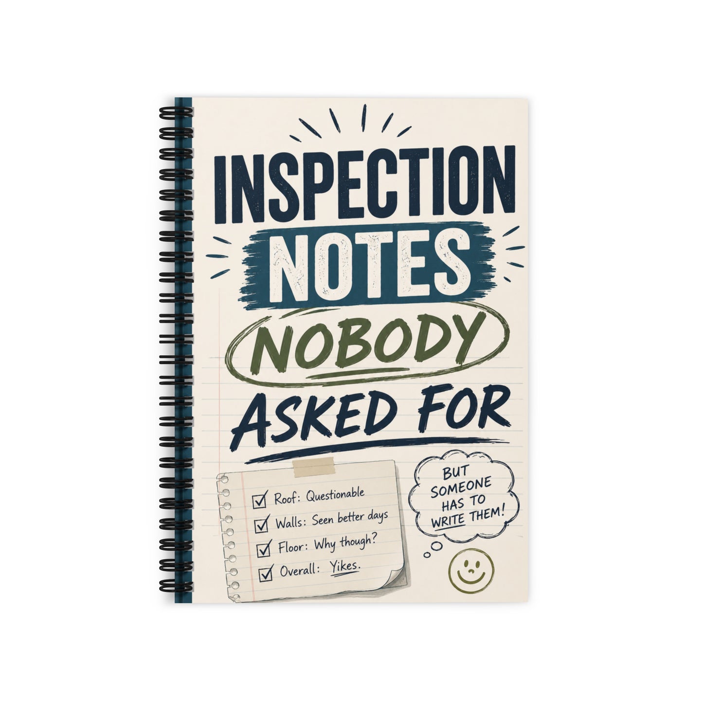 Funny Inspection Notes Nobody Asked For spiral notebook for field inspectors with humorous inspection-themed cover design.