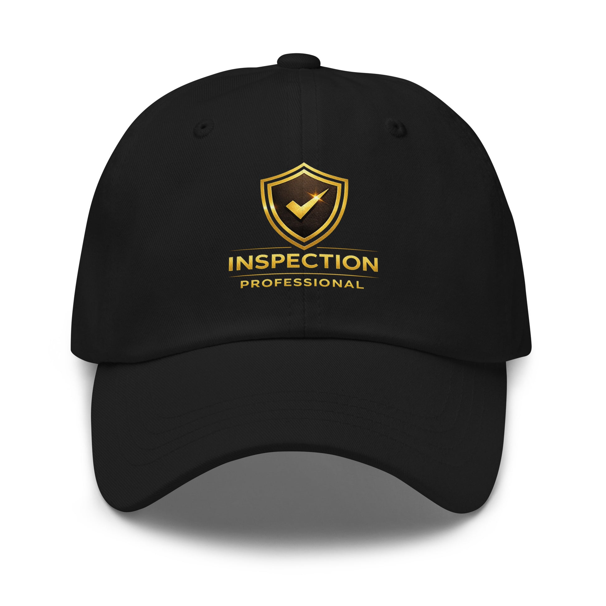 Black Inspection Professional dad hat front view with curved visor and matching shirt design