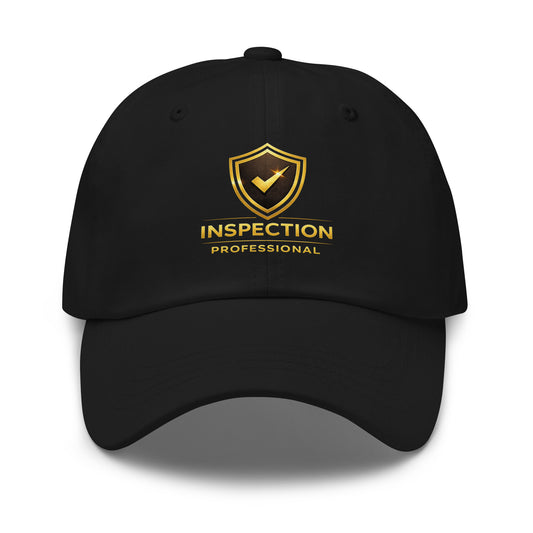 Black Inspection Professional dad hat front view with curved visor and matching shirt design