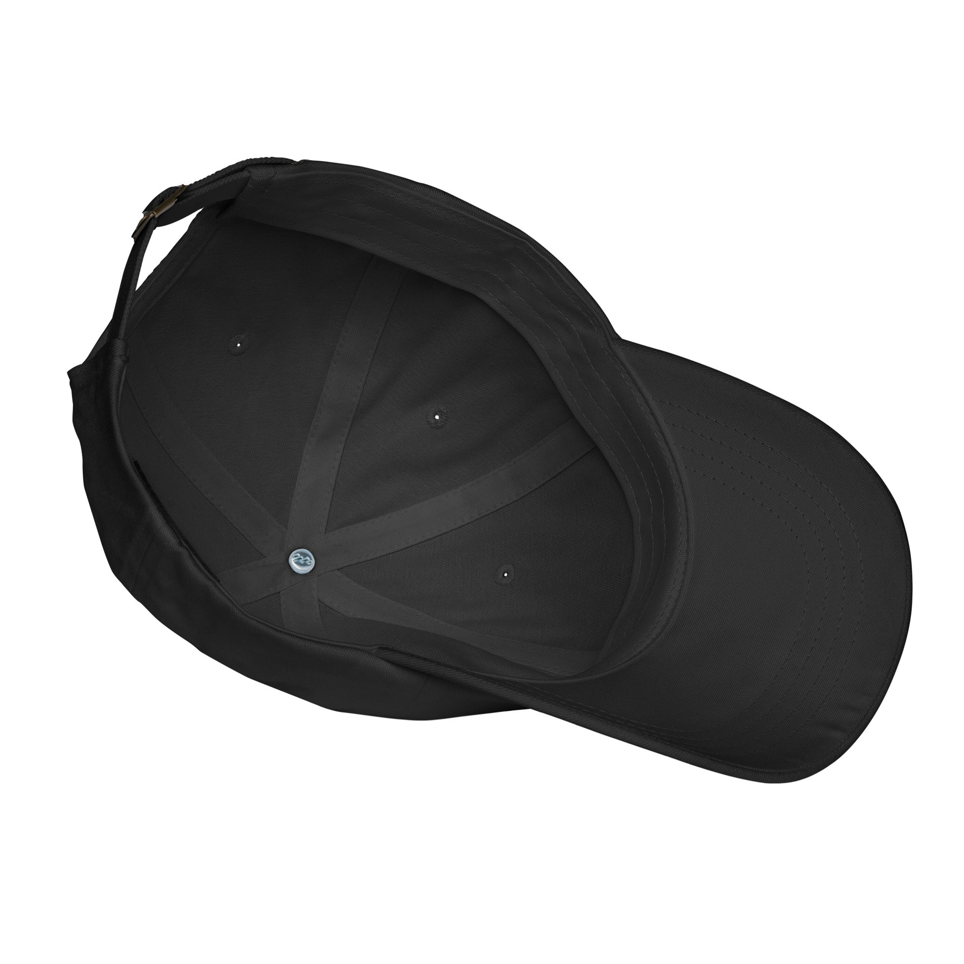 Inside view of black Inspection Professional dad hat showing interior construction and adjustable strap