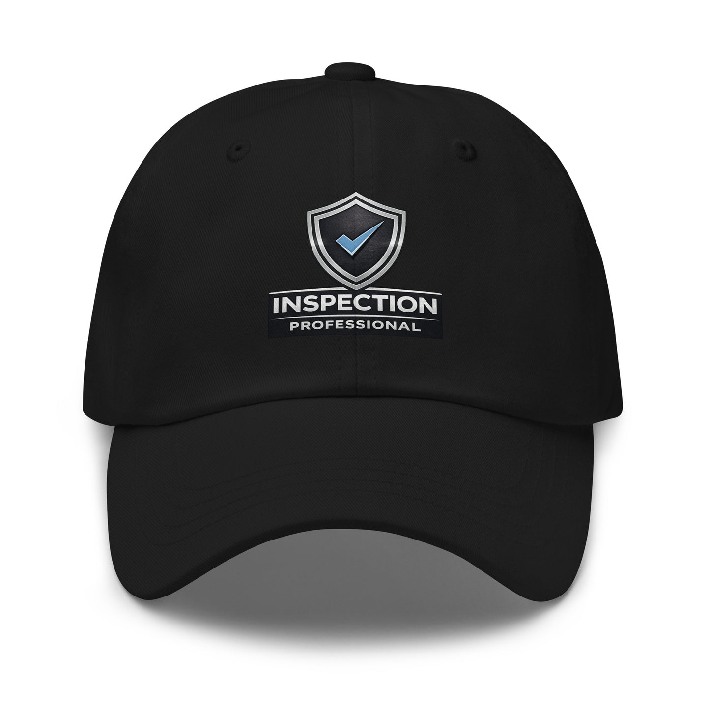 Black Inspection Professional Blue Check dad hat front view with adjustable low-profile fit and curved visor