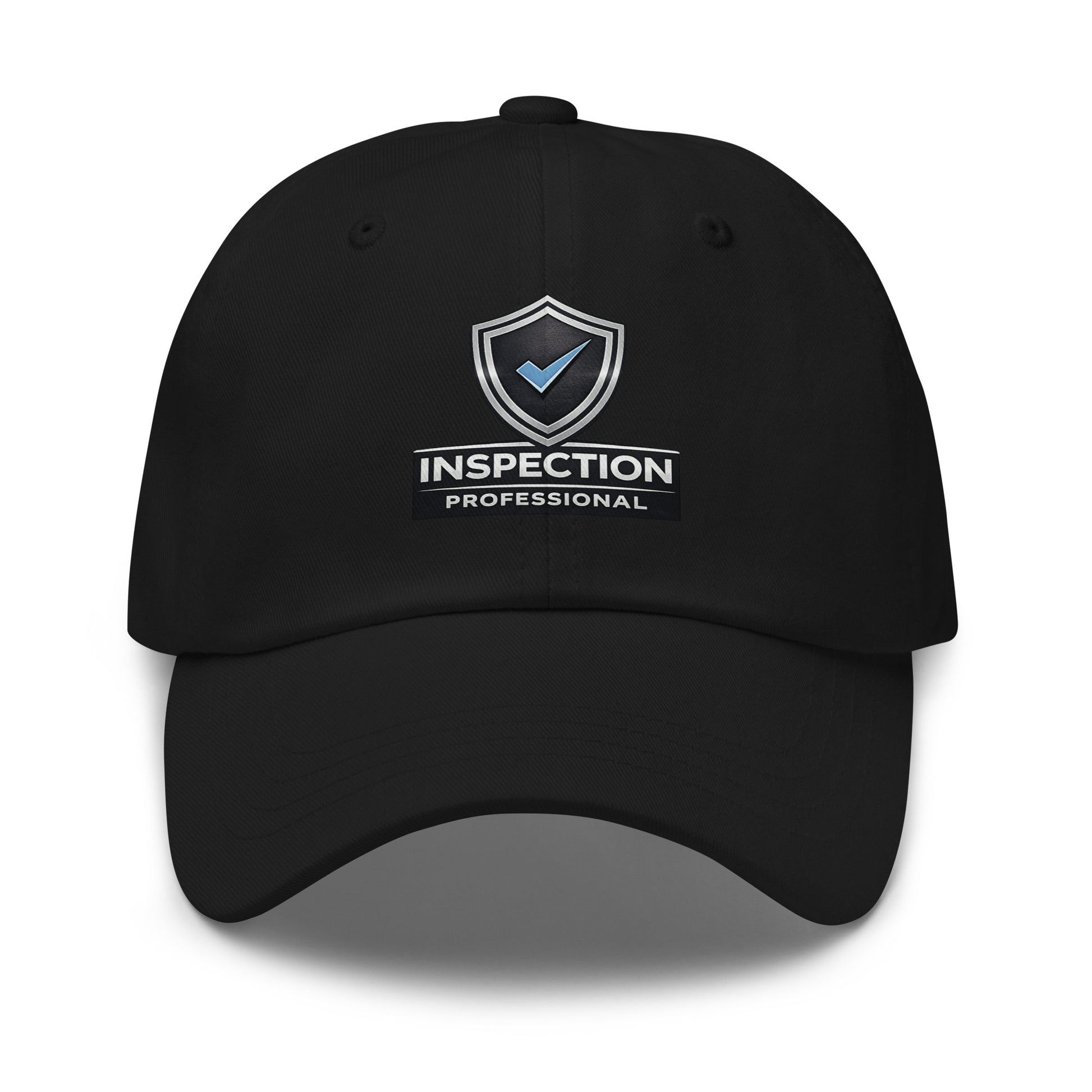 Black Inspection Professional Blue Check dad hat front view with adjustable low-profile fit and curved visor