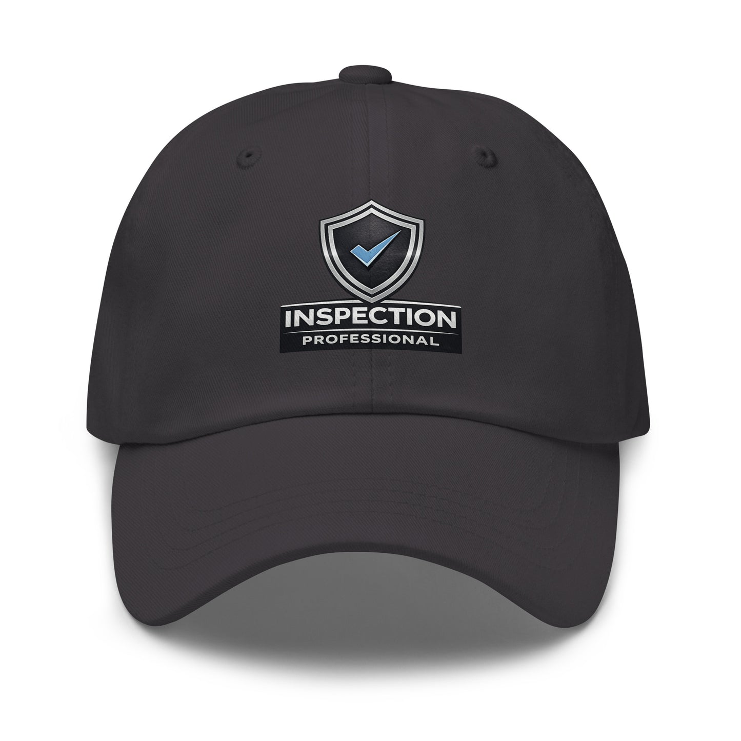 Dark grey Inspection Professional Blue Check dad hat front view featuring professional inspection design
