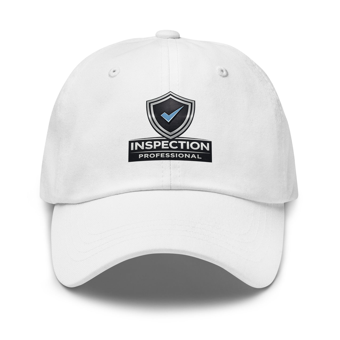 White Inspection Professional Blue Check dad hat front view with curved visor and low-profile style