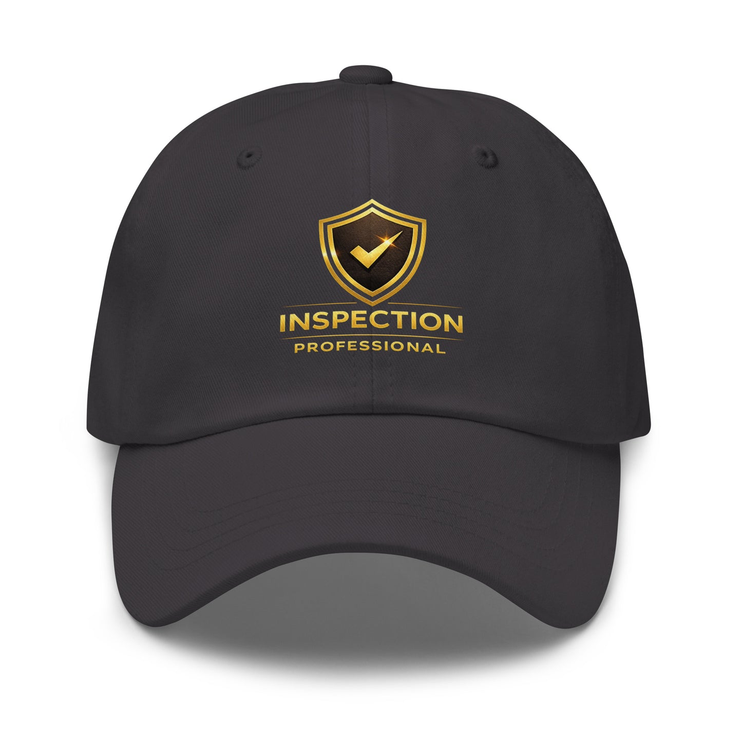 Dark grey Inspection Professional dad hat front view matching Bella + Canvas 3001 inspection shirt