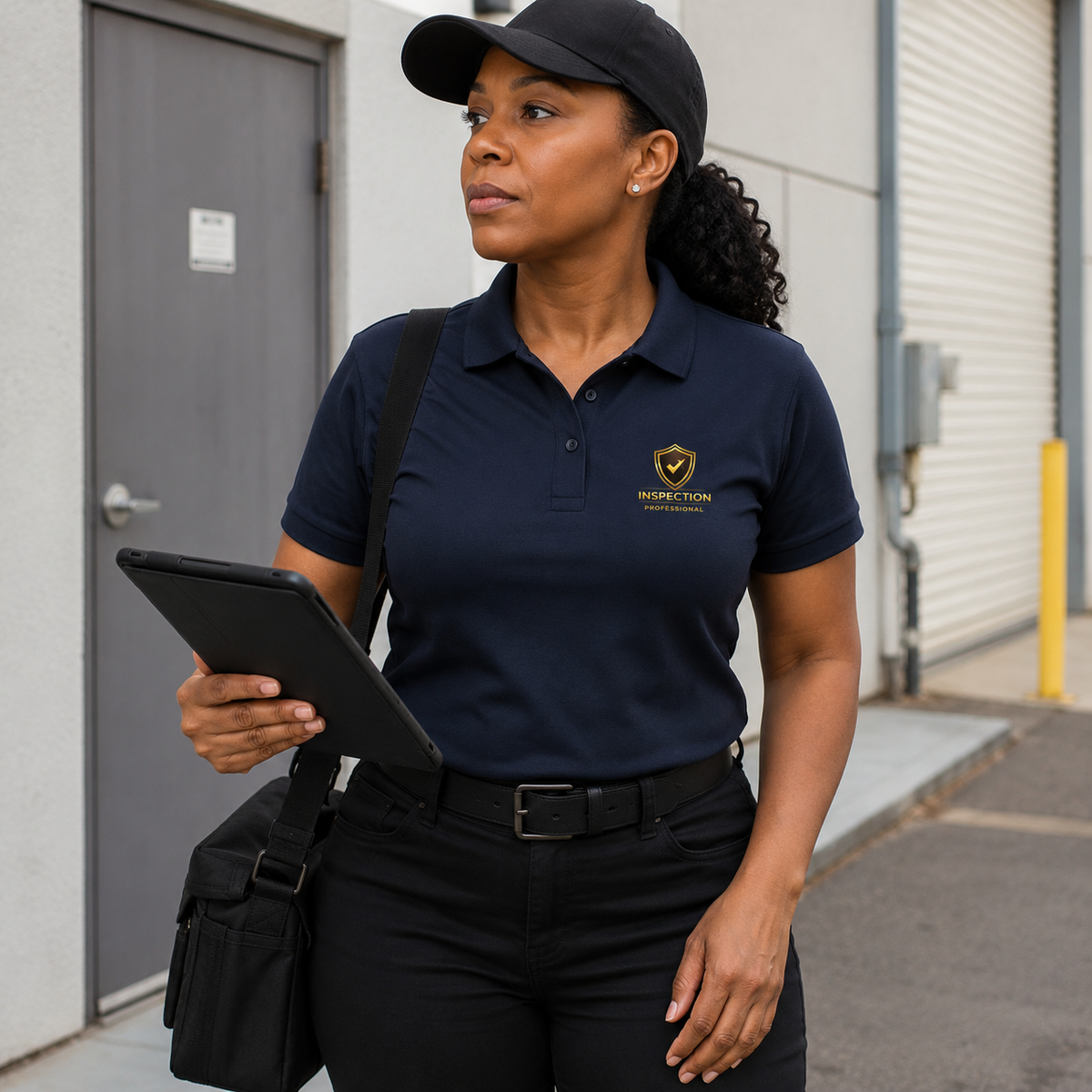 Field inspector wearing the Unisex Inspection Professional Pique Polo Shirt with a DTFLEX printed shield logo during a commercial property inspection.