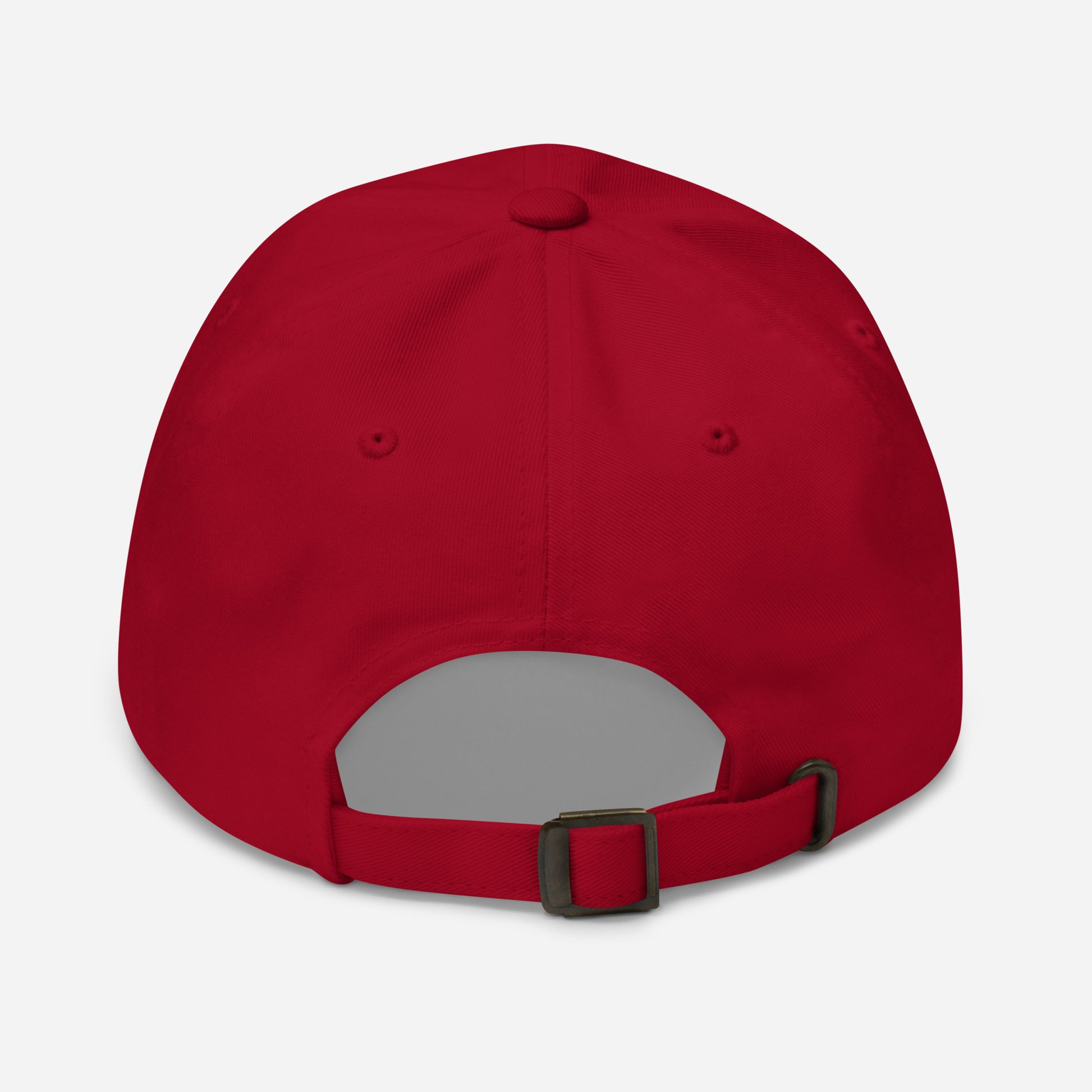 Back view of cranberry insurance field inspector adjustable dad hat with antique buckle strap for field work.