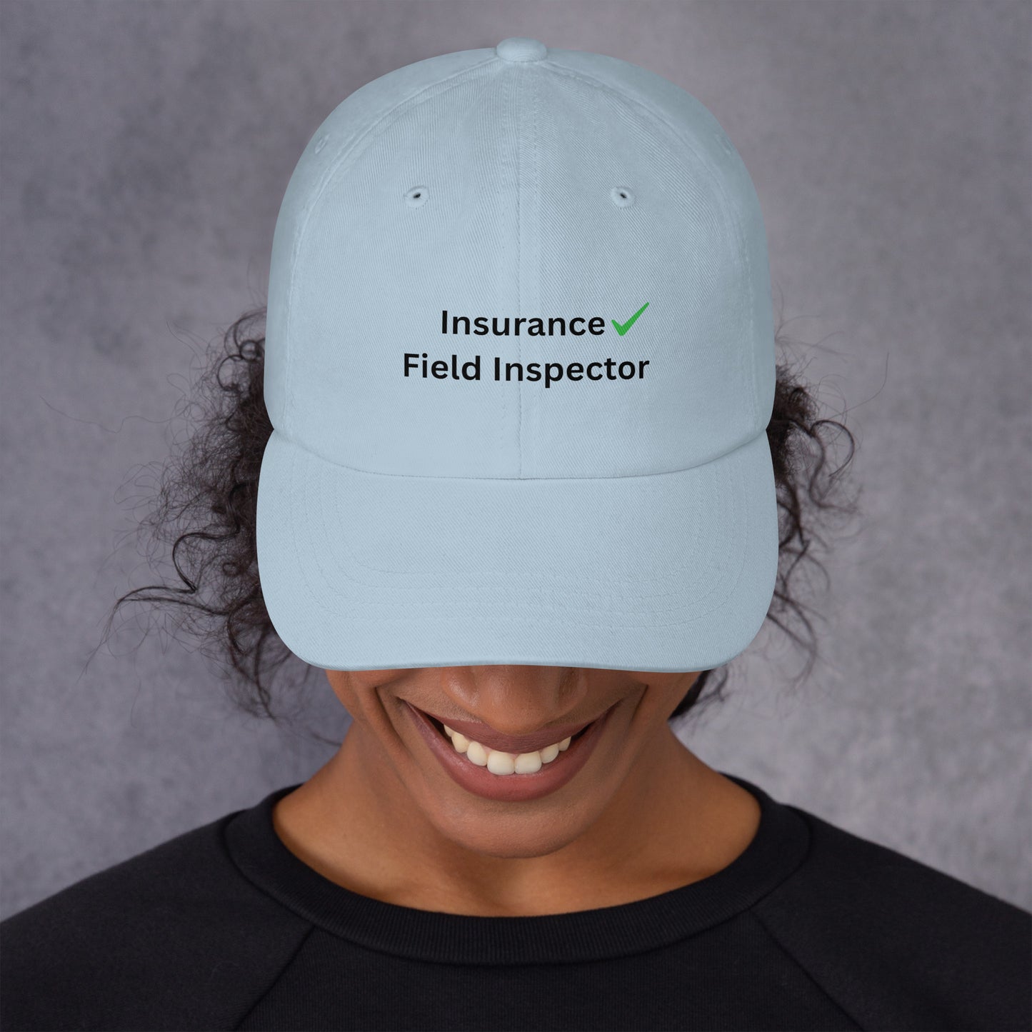 Light blue insurance field inspector adjustable dad hat designed for insurance and property inspection professionals.