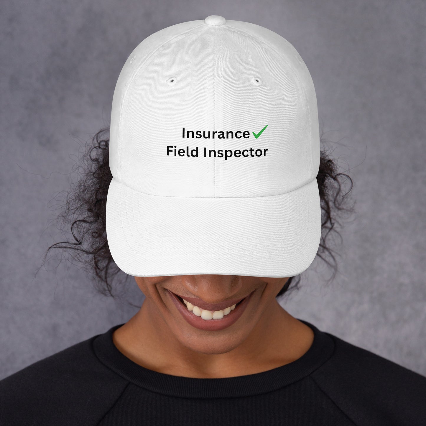 White insurance field inspector adjustable dad hat for professional field inspections and everyday wear.
