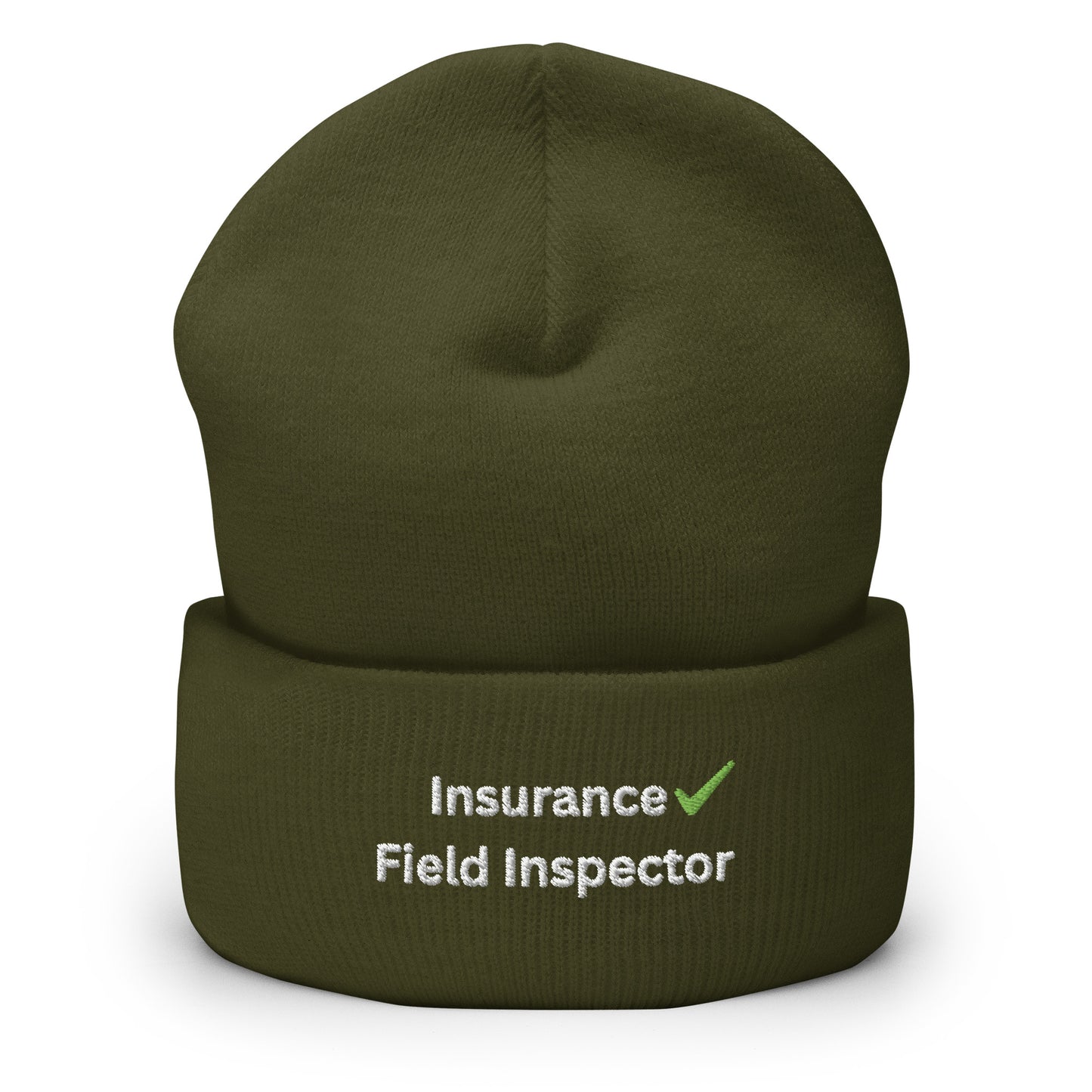 Olive insurance field inspector cuffed beanie designed for property inspections, site visits, and everyday field apparel.