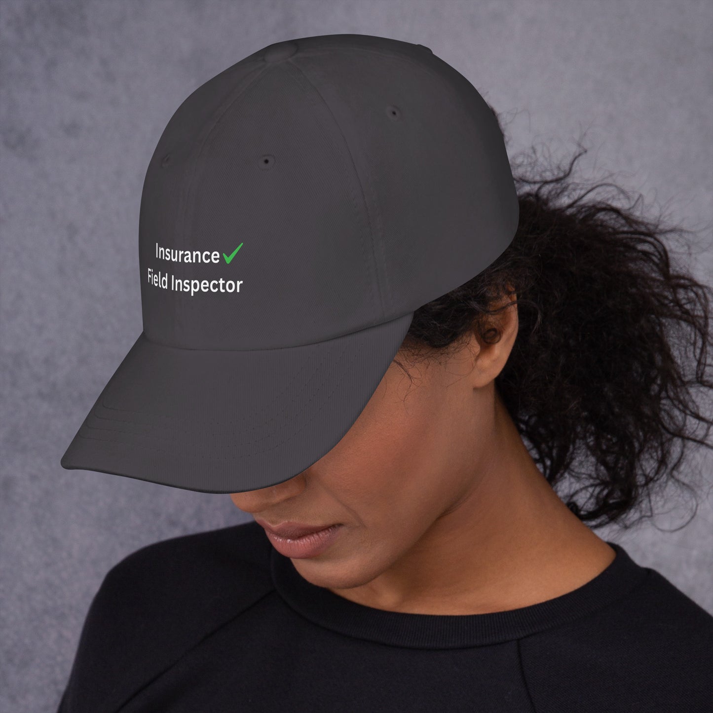 Dark grey insurance field inspector dad hat designed for professional inspection work and field apparel.