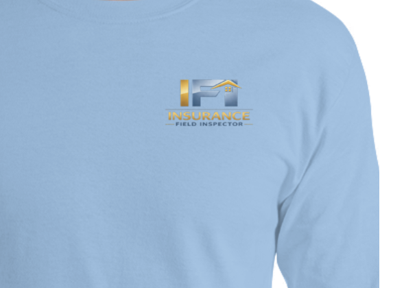 Close up of light blue Insurance Field Inspector IFI long sleeve shirt showing logo